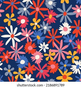 Floral seamless vector pattern. Nostalgic retro 60s-70s groovy print. Vintage floral background. Textile and surface design with old fashioned hand drawn naive colorful flowers