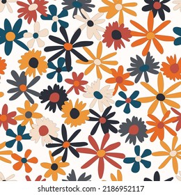 Floral seamless vector pattern. Nostalgic retro 60s-70s groovy print. Vintage floral background. Textile and surface design with old fashioned hand drawn naive colorful flowers