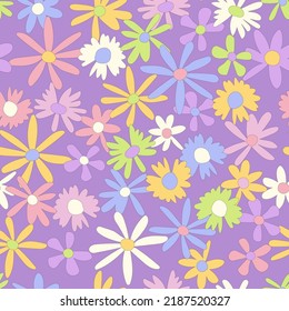 Floral seamless vector pattern. Nostalgic retro 60s-70s groovy print. Vintage floral background. Textile and surface design with old fashioned hand drawn naive colorful flowers
