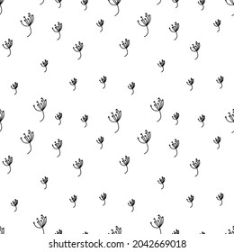Floral seamless vector pattern on white isolated hand drawn background.Botanical with black flowers line print in doodle style.Designs for textiles,fabric,wrapping paper,packaging,social media,web.