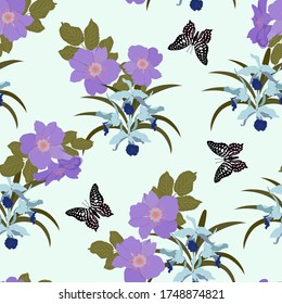 Floral, seamless vector pattern with orchids and butterflies on a light background. For decorating textiles, packaging, wallpaper.