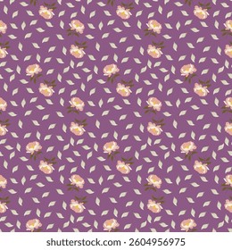 Floral seamless vector pattern with peonies and green leaves on a purple background.