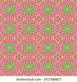 Floral seamless vector pattern in pink and green. Surface print design for fabrics, stationery, scrapbook paper, gift wrap, textiles, backgrounds, and packaging.