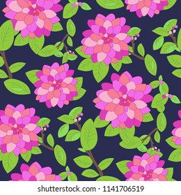 Floral seamless vector pattern - purple flowers on navy background. Hand drawn vector illustration