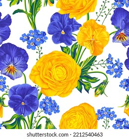 Floral seamless vector pattern. Ranunculus, blue and yellow pansies, forget-me-not hand-drawn realistic plants. Surface design of clothing, textiles, wallpaper, posters, postcards, social media banner