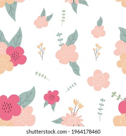 Floral seamless vector pattern with retro flowers and leaves. Spring illustration. Simple hand-drawn kids style. Pretty ditsy for fabric, textile, wallpaper. Digital paper in white background