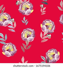 Floral seamless vector pattern. Roses and peonies with petals and leaves on a red color background. Imitation of stitch embroidery on silk fabric.