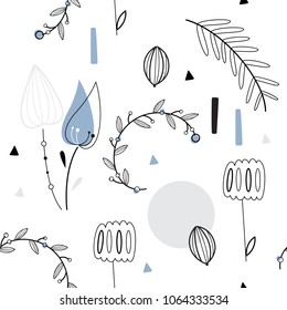 Floral seamless vector pattern. Scandinavian background. Cute plants, white background