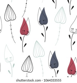 Floral seamless vector pattern. Scandinavian background. Cute plants, white background