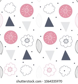 Floral seamless vector pattern. Scandinavian background. Cute plants, white background