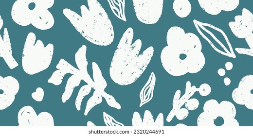 Floral seamless vector pattern, scandinavian style, shabby chalk texture, childish drawing, minimalism. For print, fabric, design, etc.