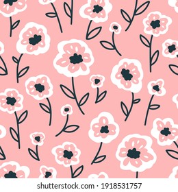 Floral seamless vector pattern with small flowers. Simple hand-drawn style. Motifs scattered liberty. Pretty ditsy for fabric, textile, wallpaper. Digital paper in pink background