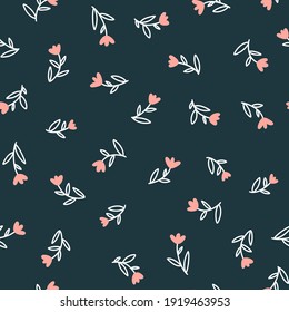 Floral seamless vector pattern with small flowers. Simple hand-drawn style. Motifs scattered liberty. Pretty ditsy background for fabric, textile, wallpaper. Digital paper in dark color