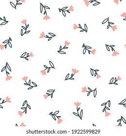Floral seamless vector pattern with small flowers. Simple hand-drawn style. Motifs scattered liberty. Pretty ditsy for fabric, textile, wallpaper. Digital paper in white background