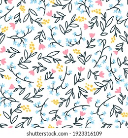 Floral seamless vector pattern with small flowers. Simple hand-drawn style. Motifs scattered liberty. Pretty ditsy for fabric, textile, wallpaper. Digital paper in white background