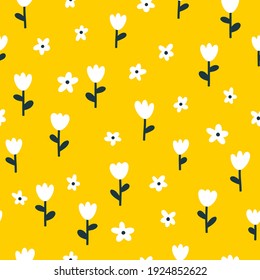 Floral seamless vector pattern with small flowers. Simple hand-drawn style. Motifs scattered liberty. Pretty ditsy for fabric, textile, wallpaper. Digital paper in yellow background