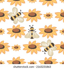 Floral seamless vector pattern with sunflowers and bees. For fabric prints, textile products, stationery, spring seasonal design.