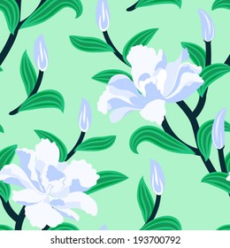 Floral seamless vector pattern with traditional Chinese motifs and peony flowers in soft blue and mint green colors