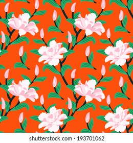 Floral seamless vector pattern with traditional Asian motifs and peony flowers in soft pink and bright green colors on vibrant red background