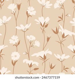 Floral Seamless vector pattern with trailing elegant white flower vines on warm beige, textile