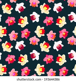 Floral seamless vector pattern with tropical decor and orchid flowers in bright variety of pink, red, white and yellow colors on dark background