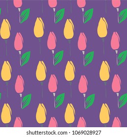 Floral seamless vector pattern with tulips on purple background
