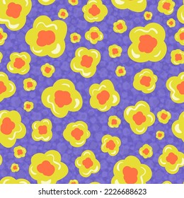 Floral seamless vector pattern in violet and yellow. Bright modern hand-drawn tossed floral pattern for children's art and crafting, playful web design, party décor and all sorts of fun accessories. 