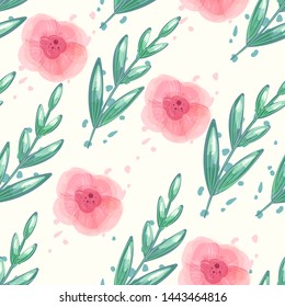 Floral seamless vector pattern with watercolor peony flowers. Repeat background with green leaf and pastel pink flower.