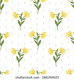 Patrón vectorial sin foco floral con ramas Ylang o Cananga de flores y líneas cortas delgadas verticales dibujadas a mano. Elementos florales amarillos y verdes sobre fondo blanco,