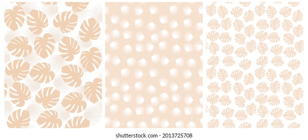 Floral Seamless Vector Patterns. Simple Hand Drawn Tropical Leaves Flowers Isolated on a Light Beige and White Background. Abstract Tropical Garden Print ideal for Fabric, Textile.