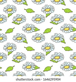 Floral Seamless vector print with wild flower camomile. summer pattern with herb. sketchy illustration on white background in naïve hand-drawing style. Packaging design for present wrapping paper