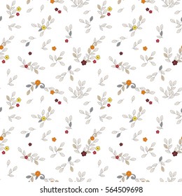 Floral seamless vector trendy pattern. Simple small red, yellow, orange flowers, grey and light beige curls and leaves with dark contour on white background.