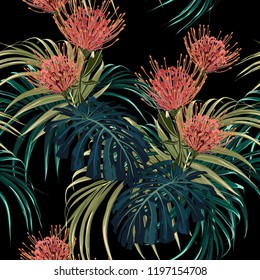 Floral seamless vector tropical pattern, spring summer background with exotic protea flowers, palm leaves, jungle leaf. Botanical wallpaper, illustration in Hawaiian style. Black background.