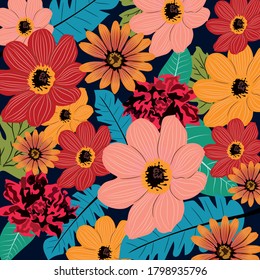 Floral seamless vector tropical pattern background with exotic flowers, palm leaves, jungle leaf, hibiscus, orchid, bird of paradise flower. Botanical wallpaper illustration in Hawaiian style