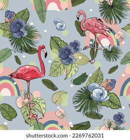 Floral seamless vector tropical pattern background with exotic flowers, jungle leaves, banana leaf, pink flamingos, orchid, bird of paradise flower. Botanical illustration wallpaper. For print, cards