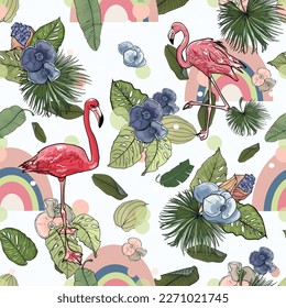 Floral sin costura vectorial de fondo tropical con flores exóticas, hojas de selva, hojas de plátano, flamencos rosados, orquídea, pájaro de la flor del paraíso. Fondo de pantalla de ilustración botánica. Para imprimir, tarjetas