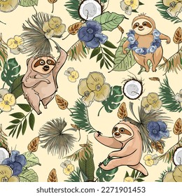 Floral seamless vector tropical pattern background with exotic flowers, jungle leaves, banana leaf, lazy sloths wild animal, orchid, paradise flower. Botanical illustration wallpaper. For print, cards