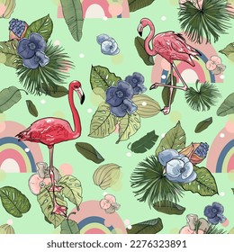Floral seamless vector tropical pattern background with exotic flowers, jungle leaves, banana leaf, pink flamingos, orchid, bird of paradise flower. Botanical illustration wallpaper. For print, cards