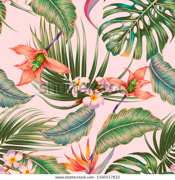 エキゾチックな花 ラン ヤシの葉 ジャングルの葉 極楽の花の鳥を持つ 花柄のシームレスなベクター熱帯パターン背景 植物性ビンテージ壁紙イラスト のベクター画像素材 ロイヤリティフリー
