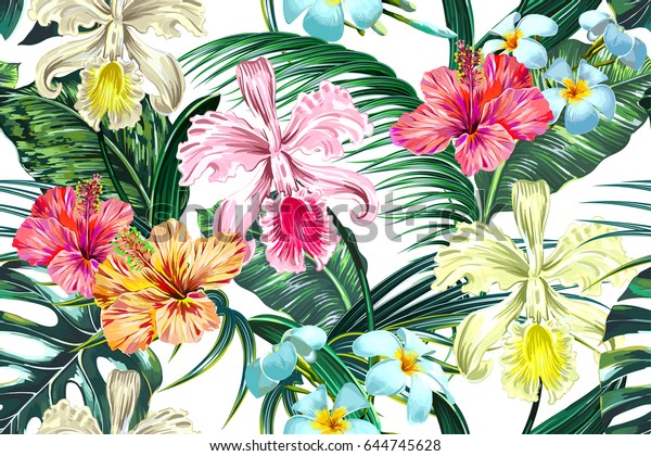 春の夏の背景にエキゾチックな花 ヤシの葉 ジャングルの葉 ハイビスカス ランの花を持つ 花柄のシームレスなベクター画像熱帯パターン ボタニカル壁紙 ハワイ風のイラトス のベクター画像素材 ロイヤリティフリー