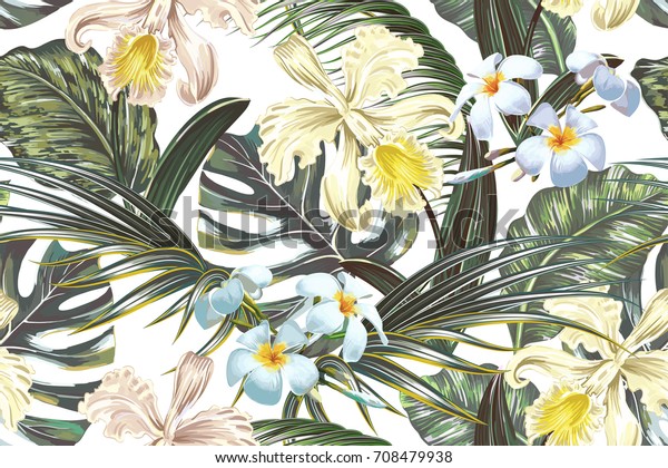 夏の背景にエキゾチックな花 ヤシの葉 ジャングルの葉 ランの花を持つ 花柄のシームレスなベクター画像熱帯パターン ビンテージボタニカル壁紙 ハワイ風イラトス のベクター画像素材 ロイヤリティフリー 708479938