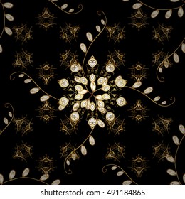 Floral seamless vector vintage pattern on black background with golden elements. Vector.