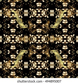 Floral seamless vector vintage pattern with golden elements on black background.