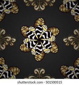 Floral seamless vector vintage pattern with golden elements on black background.
