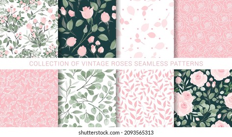 Floral seamless vintage pattern set. Shabby chic rose background collection.