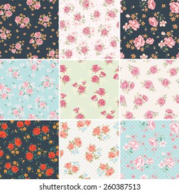 Floral Seamless Vintage Pattern Set. Shabby Chic Rose Background Collection.