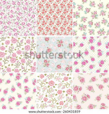 Floral seamless vintage pattern set. Shabby chic rose background collection.