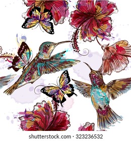 Floral seamless wallpaper pattern with birds, butterflies and engraved flowers in ink or watercolor  spots