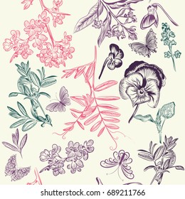 Floral seamless wallpaper pattern with flowers and butterflies