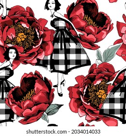 Floral Seamless wallpaper pattern. Red Peony flowers, leaves and a fashionable girl in a plaid dress. Textile composition, hand drawn style print. Vector illustration.